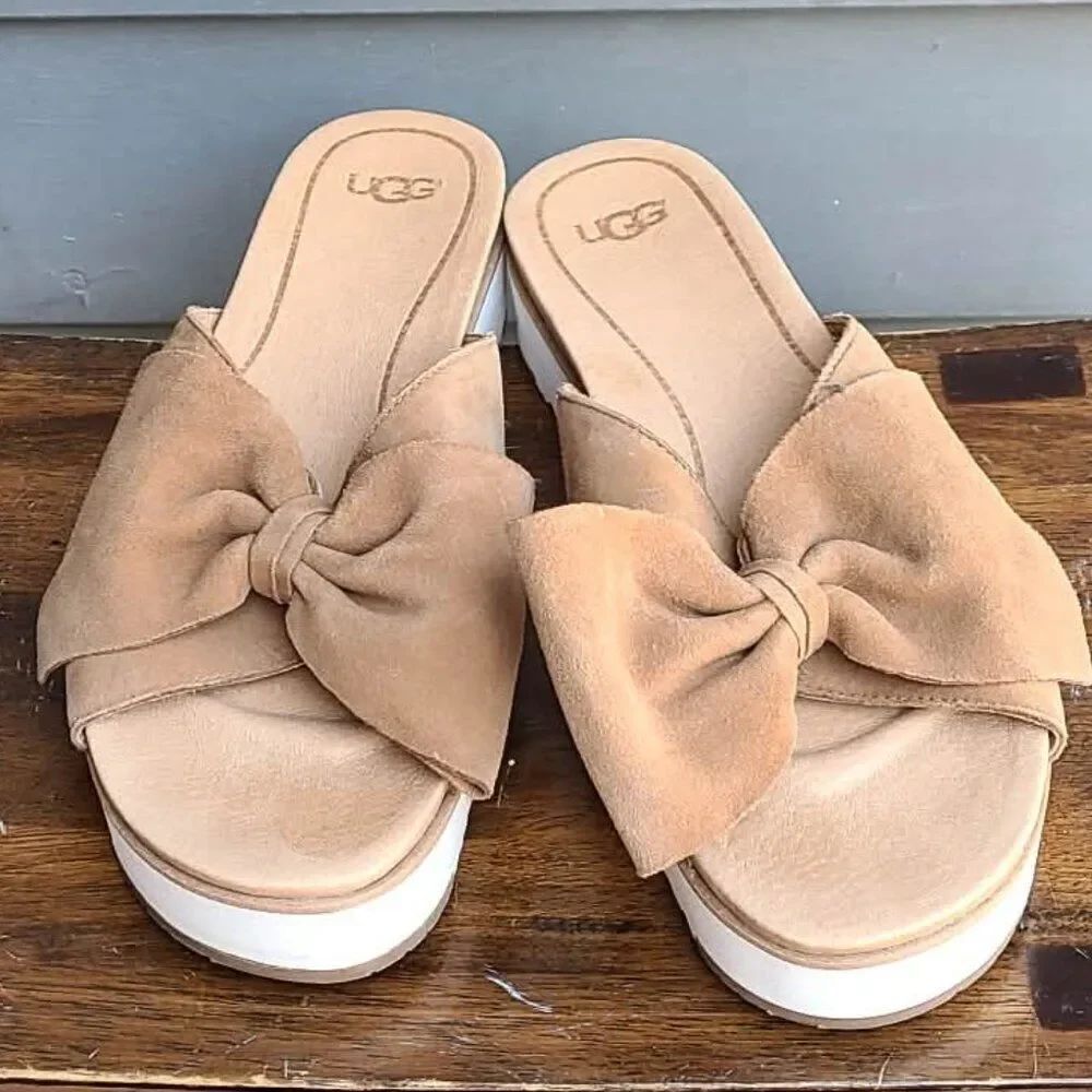 UGG Joan II Chestnut Suede Bow Platform Sandal size 8 LIKE NEW